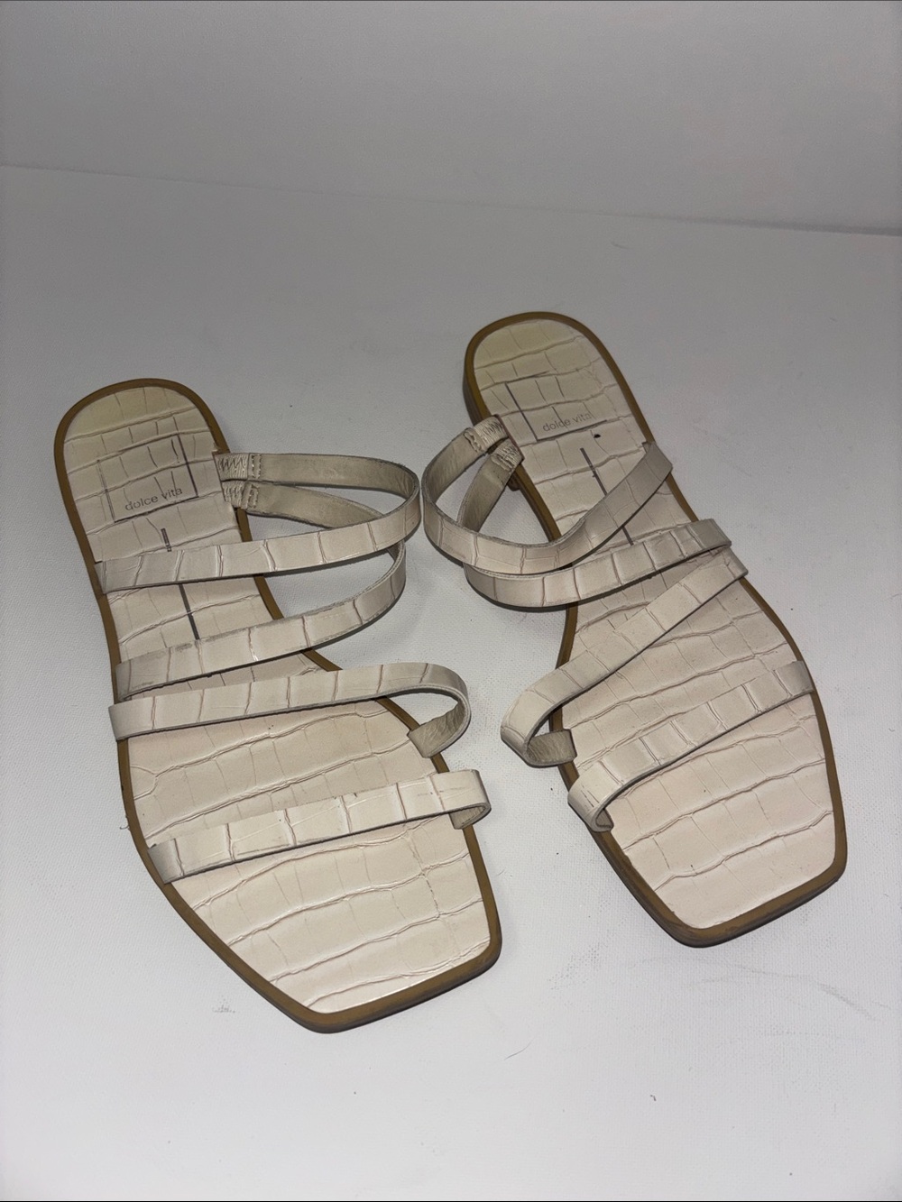 Dolce Vita Cream Croc-Embossed Strappy Slide Sandals